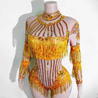 Custom rhinestones bodysuit tassels women Celebrate stage Team pole dance club party fashion leotard clothing