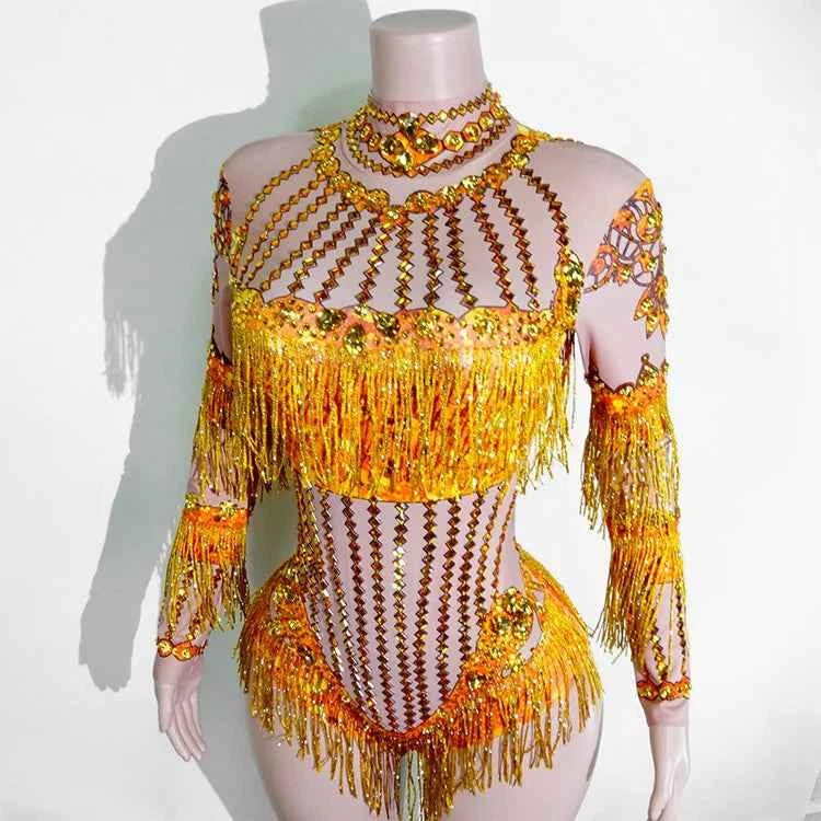 Custom rhinestones bodysuit tassels women Celebrate stage Team pole dance club party fashion leotard clothing