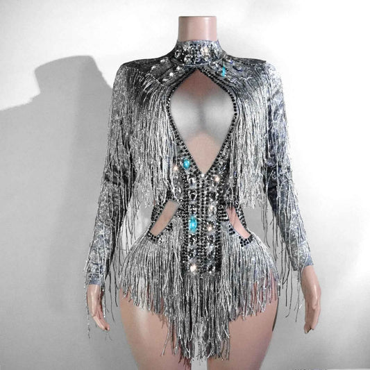 Custom rhinestones bodysuit tassels women Celebrate stage Team pole dance club party fashion leotard clothing