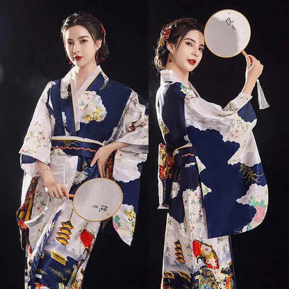 Women's Japan Kimono Gown Traditional Vintage Dress Fashion Print Geisha Robe Yukata with Obi Novelty Elegants Kimono Costume
