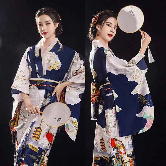 Women's Japan Kimono Gown Traditional Vintage Dress Fashion Print Geisha Robe Yukata with Obi Novelty Elegants Kimono Costume