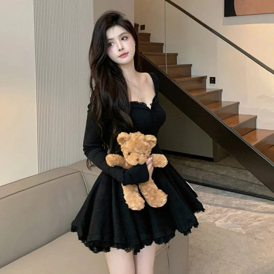 Women Sexy Korean Dress French Style Waist Closed Long Sleeve Collarbone Exposed Sweet SS69