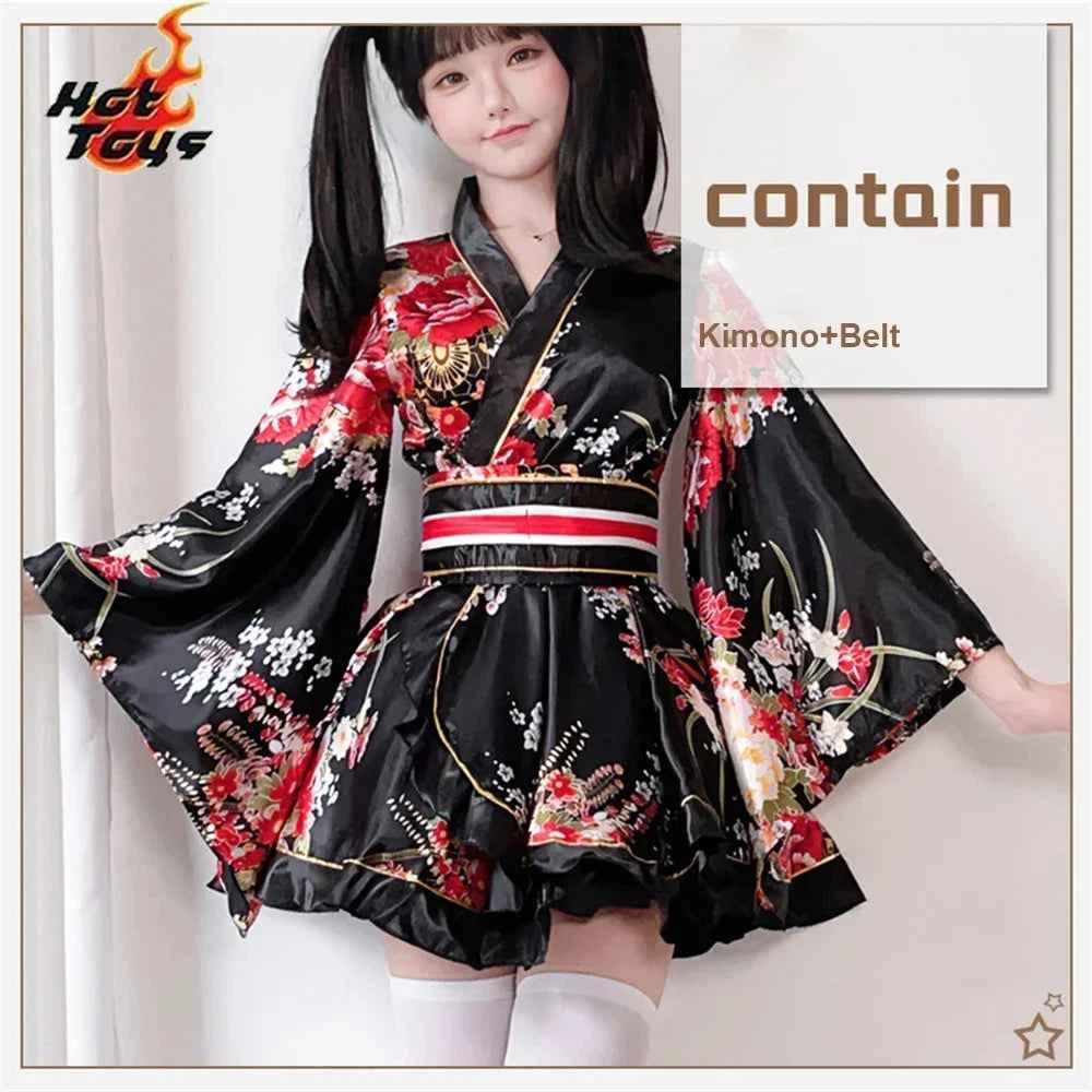 Japanese Kimono Yukata Robes Kawaii Girls Floral Printed Haori Suit Lovely Lolita Dress For Women Maid Cosplay Costume Halloween