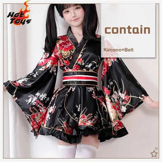 Japanese Kimono Yukata Robes Kawaii Girls Floral Printed Haori Suit Lovely Lolita Dress For Women Maid Cosplay Costume Halloween