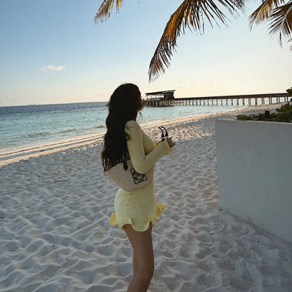 Women Fashion Solid Ruffles Hem Mini Dress Elegant Long Sleeve High Waist Slim Dresses 2025 Summer Vocation Street Vestidos SS69