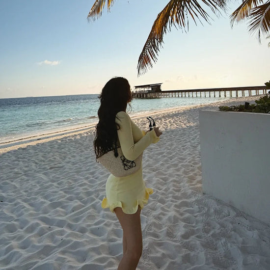 Women Fashion Solid Ruffles Hem Mini Dress Elegant Long Sleeve High Waist Slim Dresses 2025 Summer Vocation Street Vestidos SS69