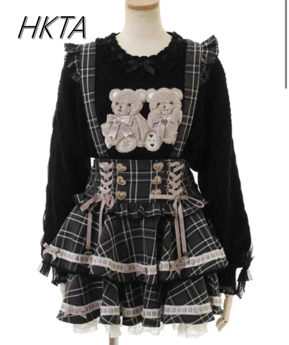 Original Japanese Mines Lolita Strap Skirts Women High Waist and Thin Frilly Pleated Skirt College Style Liz Girl Plaid Skirt