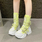 Single Boots Autumn New Round Toe Front Lace-Up Platform Non-Slip Mid-Tubular Boots Size Up To 42