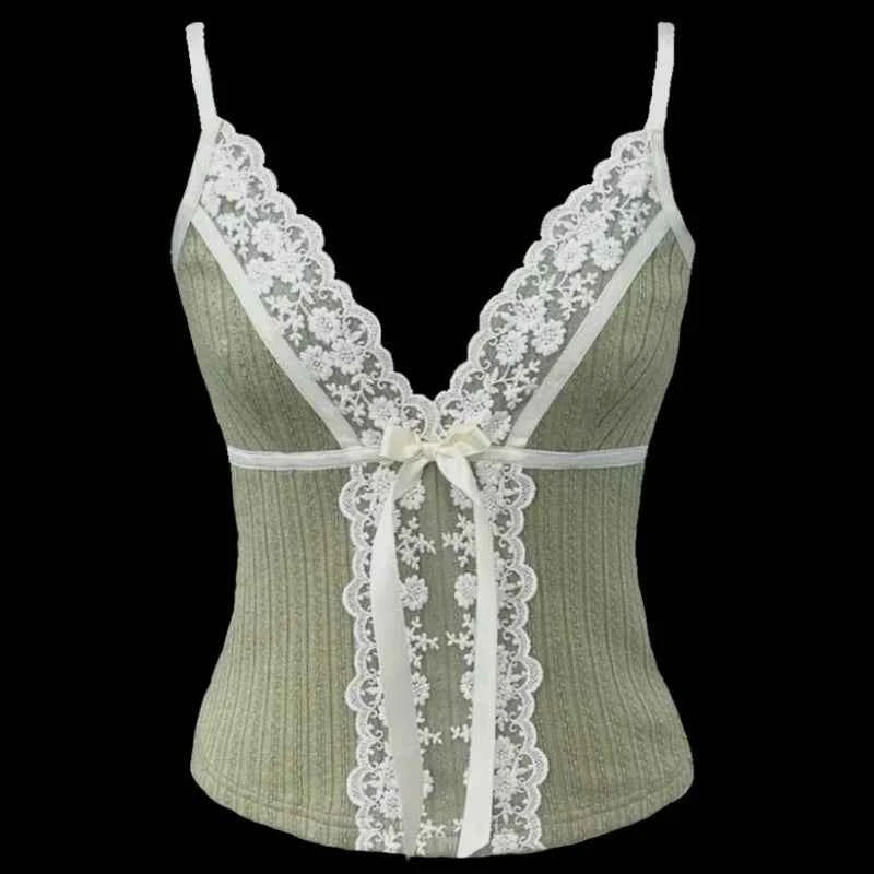 Xingqing Fairy Coquette Tank Top y2k Women Lace Floral V Neck Spaghetti Strap Sleeveless Vest with Bow 2000s Aesthetic Clothing