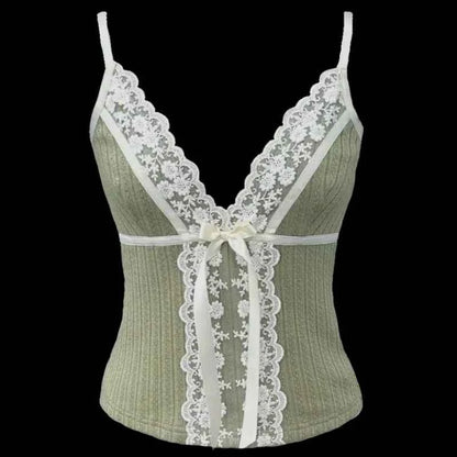 Xingqing Fairy Coquette Tank Top y2k Women Lace Floral V Neck Spaghetti Strap Sleeveless Vest with Bow 2000s Aesthetic Clothing