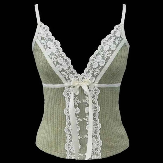 Xingqing Fairy Coquette Tank Top y2k Women Lace Floral V Neck Spaghetti Strap Sleeveless Vest with Bow 2000s Aesthetic Clothing