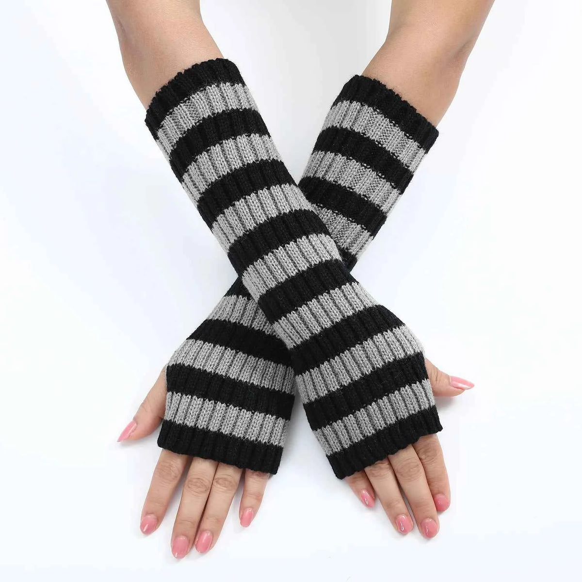 Women's Knitted Fingerless Arm Sleeves Gothic Style Striped Winter Long Arm Warmers Girls Harajuku Y2K Fashion Wrist Gloves