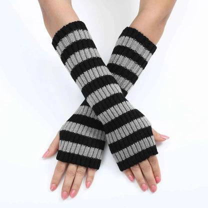 Women's Knitted Fingerless Arm Sleeves Gothic Style Striped Winter Long Arm Warmers Girls Harajuku Y2K Fashion Wrist Gloves
