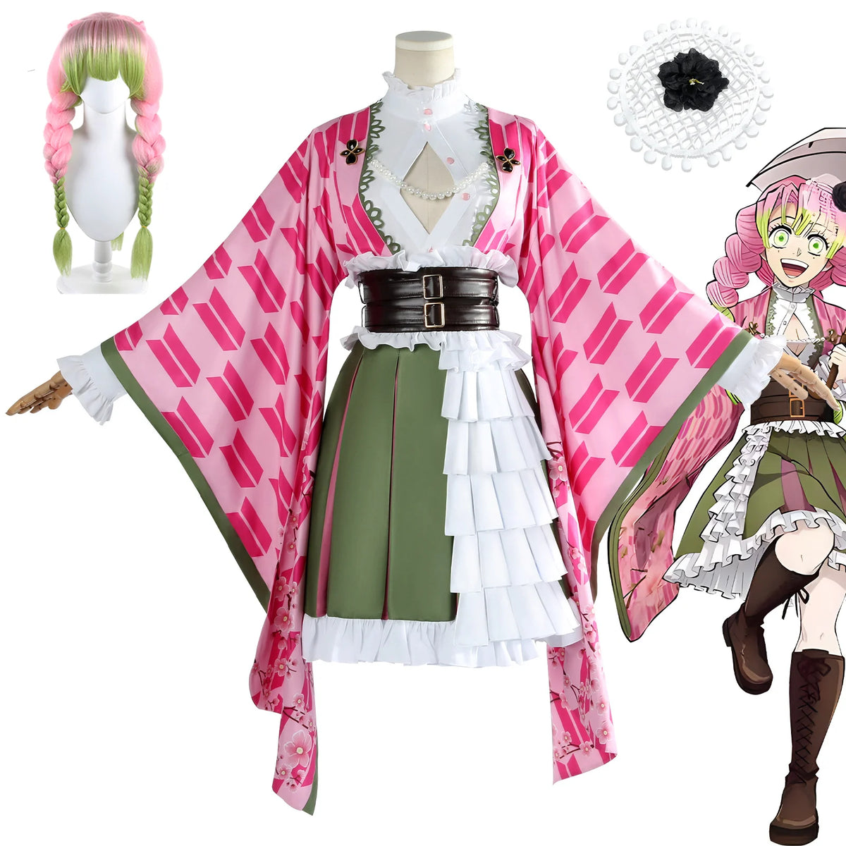 Kanroji Mitsuri Anime Cosplay Costume Set with Wig and Belt