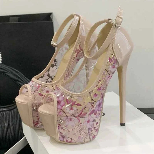 Eilyken Street Style Print Flower Buckle Strap Platform Sandals Women Sexy Stiletto Heels Nightclub Stripper Shoes Zapatos Mujer
