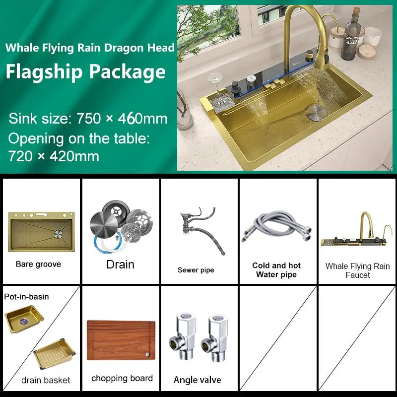 TELISIYAC Stainless Steel Waterfall Kitchen Sink - Large Single Bowl