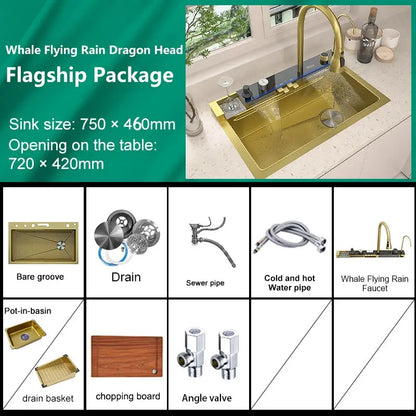 TELISIYAC Stainless Steel Waterfall Kitchen Sink, Large Single Bowl Digital