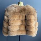 WGLUVF Women's Real Fox Fur Short O-Neck Coat
