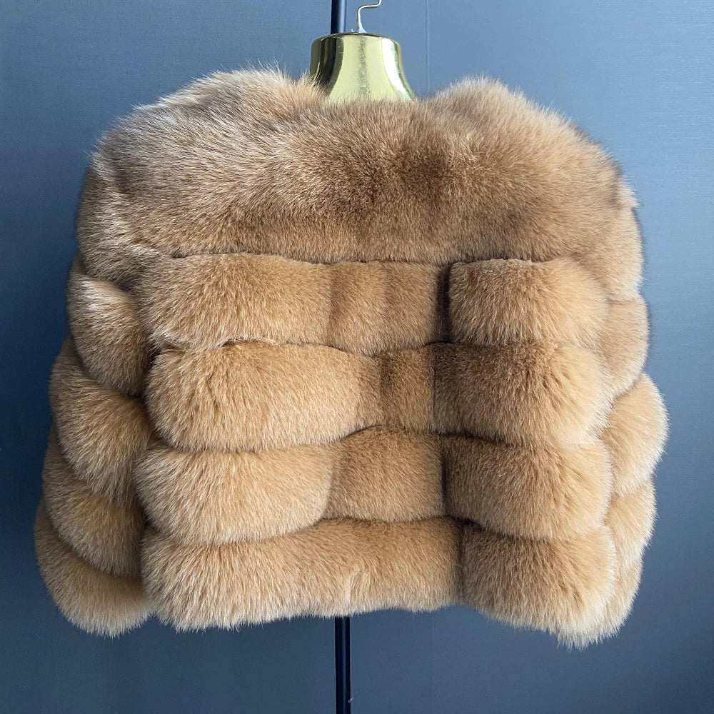 WGLUVF Women's Real Fox Fur Short O-Neck Coat