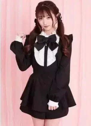 Geyalovvy Women's Lolita Sailor Collar Plaid Rhinestone Bow Two-Piece Set