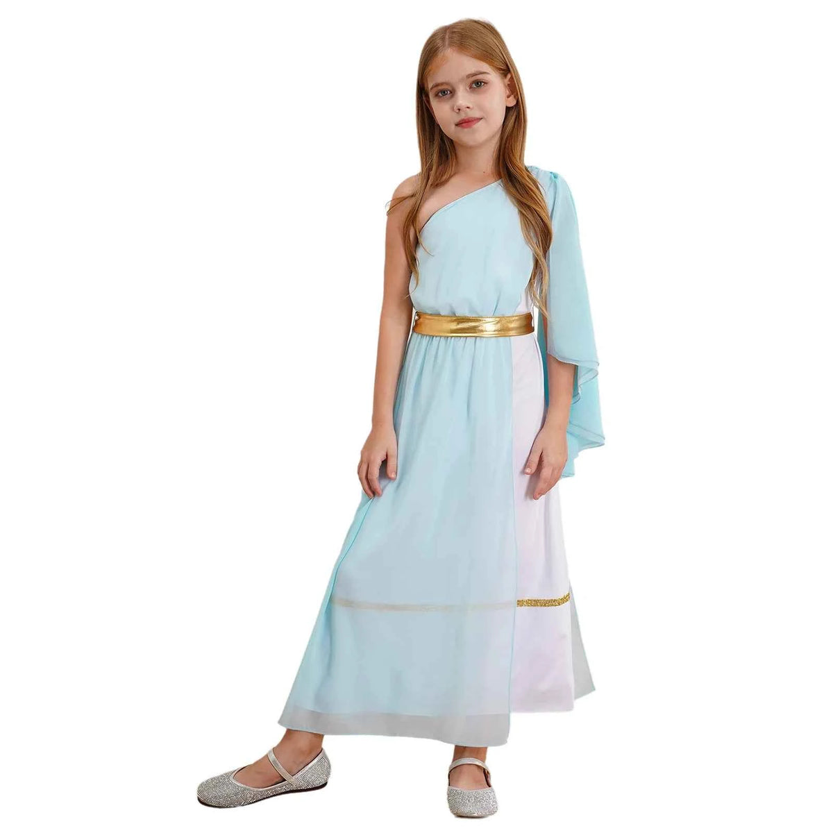Girls Greek Nymph Toga Ruffles One Shoulder Maxi Lyrical Dance Dress Ancient Roman God Cosplay Costume for School Show