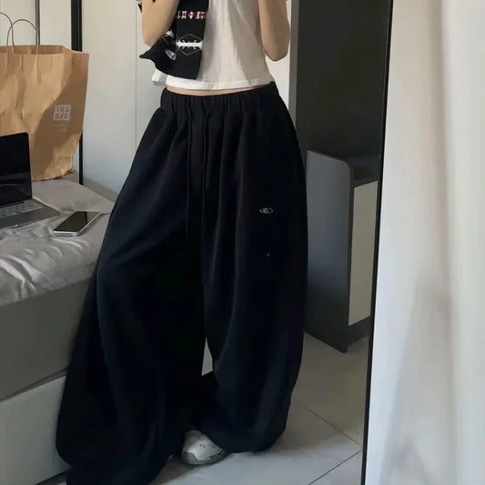 BiggOrange Women's High-Waist Oversized Hip-Hop Sweatpants, Black Wide-Leg