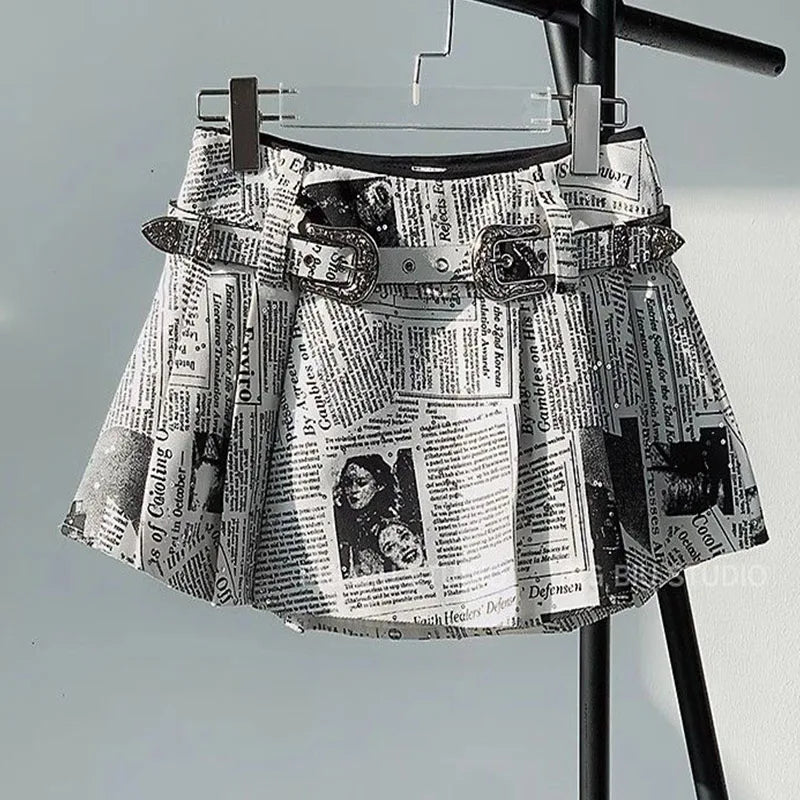 Sexy Newspaper Printed Skirt Women Summer Streetwear Belt High Waist A Line Short Pleated Skirts Girls Casual Shorts Saia Female