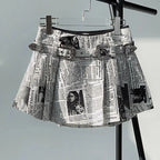 Sexy Newspaper Printed Skirt Women Summer Streetwear Belt High Waist A Line Short Pleated Skirts Girls Casual Shorts Saia Female