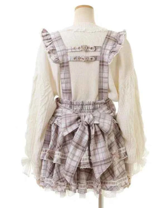 Original Japanese Mines Lolita Strap Skirts Women High Waist and Thin Frilly Pleated Skirt College Style Liz Girl Plaid Skirt