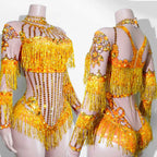 Custom rhinestones bodysuit tassels women Celebrate stage Team pole dance club party fashion leotard clothing
