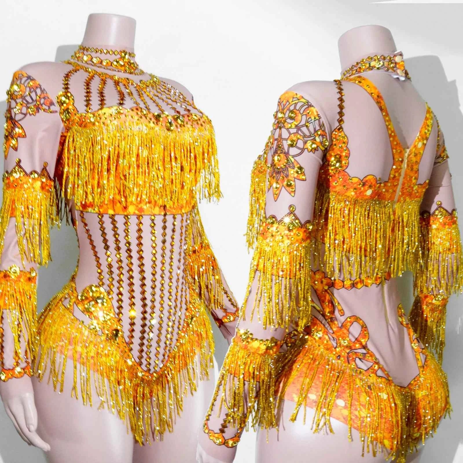 Custom rhinestones bodysuit tassels women Celebrate stage Team pole dance club party fashion leotard clothing