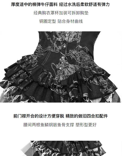 Blood Supply Original Punk Aesthetic dress hot girl Dragon Pattern Denim Sexy Slim Fit Dress Summer Halter Ruffles Short Dresses SS69