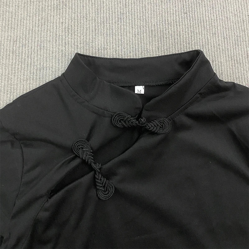 Women's Beige Chinese Style Cheongsam Blouse Vintage Mandarin Collar Short Sleeve Crop Top with Frog Button Keyhole Asymmetrical