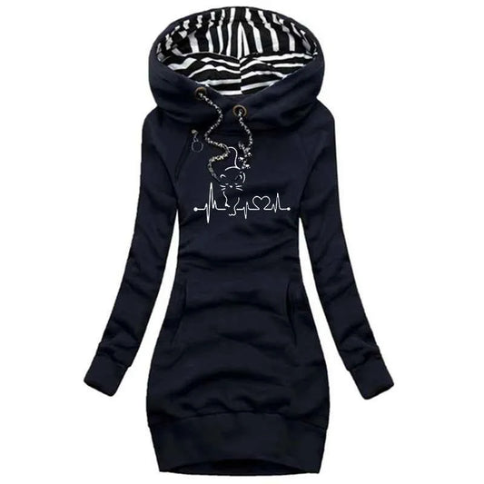 Trendy Line Cat Printed Autumn and Winter Women's Fashion Hoodie Dresses Hoodie Dresses Women's Long Sleeve Sweater Dresses
