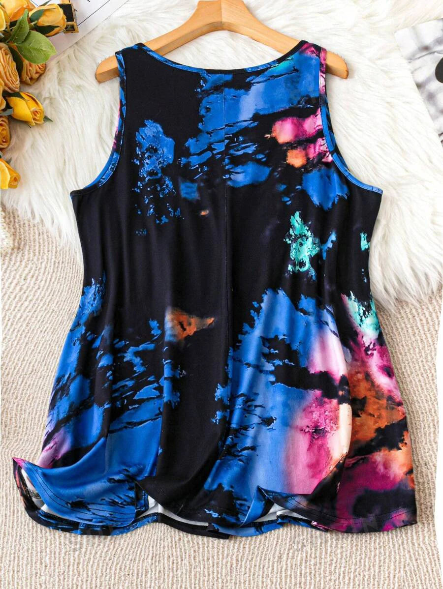 Plus Size Tie Dye  Casual Sleeveless Notched Neck Tank Top - SS69 