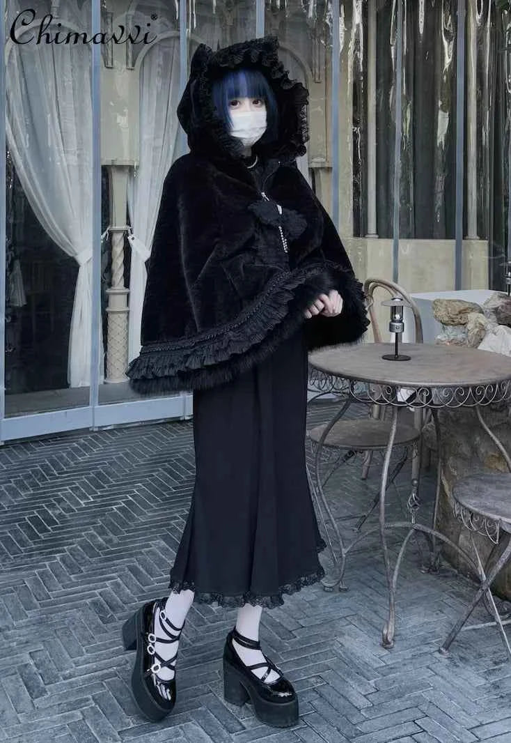 Japanese Mine Lace Splicing Cute Bow Lolita Shawl Jacket Autumn and Winter New Sweet Girl Loose Warm Plush Cape Coat Women