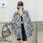 Harajuku Vintage Pearl Beaded Diamonds Leopard Print Women Thin Shirt Jacket Loose Casual Lapel Long Sleeve Female Jacket Coat SS69