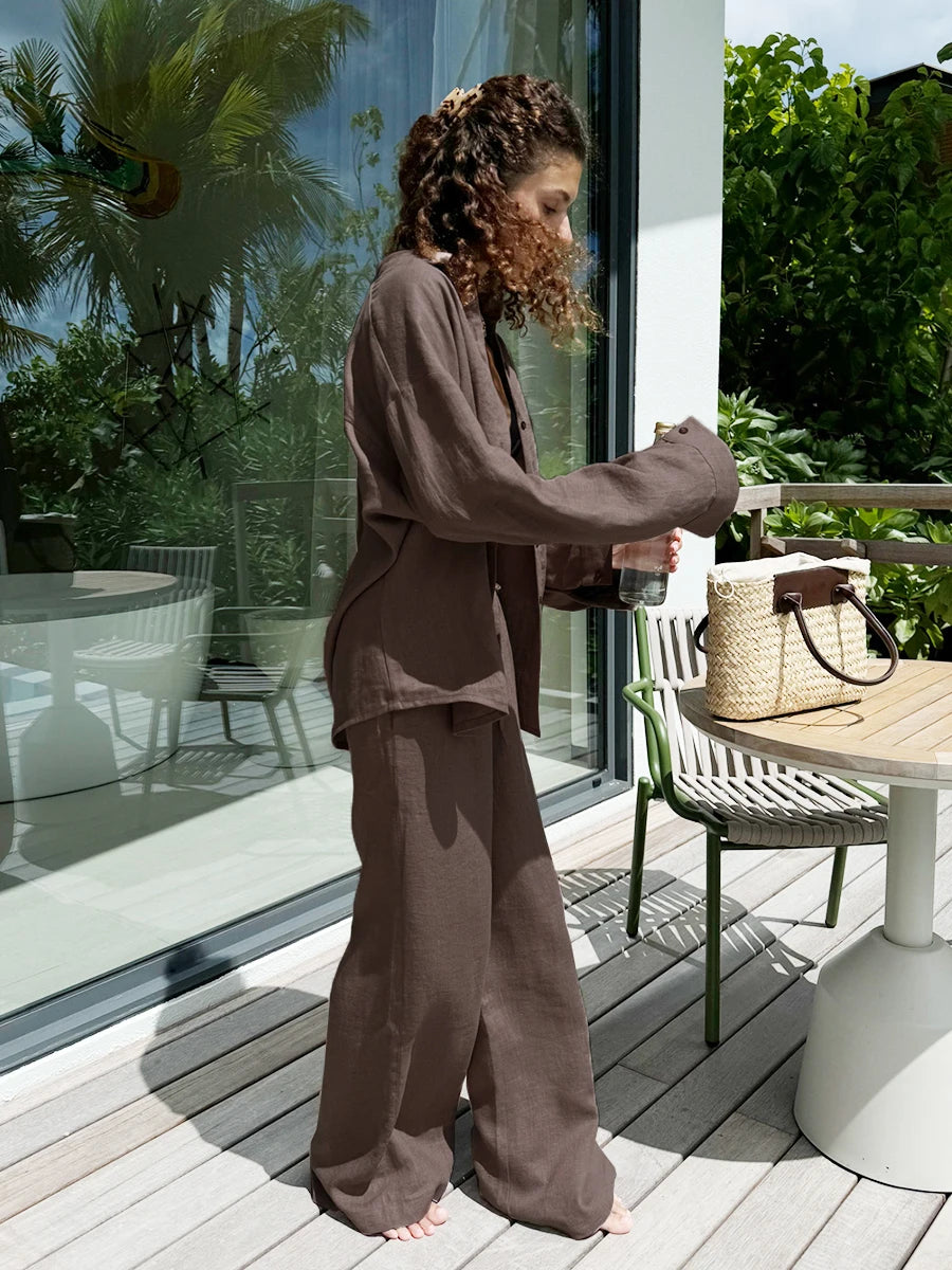 Bornladies Women's Cotton Long Sleeve Shirt & Wide Leg Pants Set