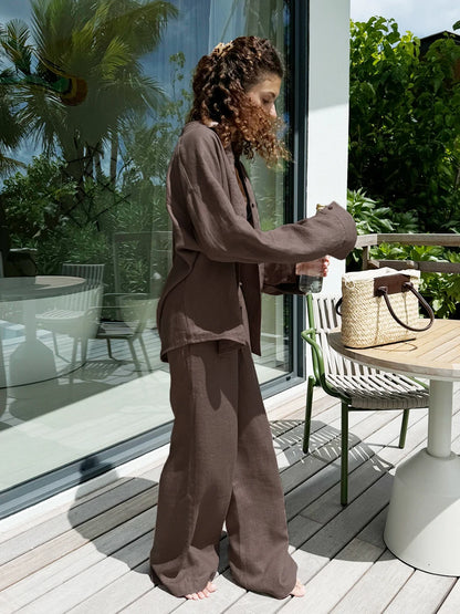 Bornladies Women's Cotton Casual Set Long Sleeve Shirt and Wide Leg Pants