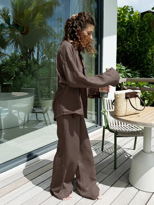 Bornladies Women's Cotton Casual Set Long Sleeve Shirt and Wide Leg Pants