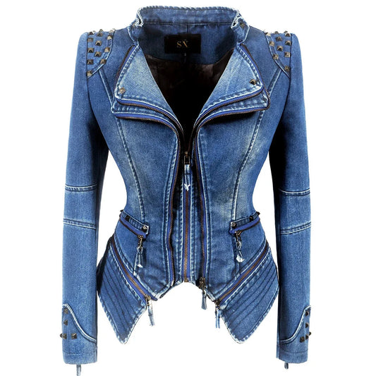 Punk Rivet Short Denim Slim Jackets Women Wash Long Sleeve Vintage Casual Studs Jean Outerwear Motorcycle Denim Coat Large Size SS69 66.69 Blue / EU Size XXXL