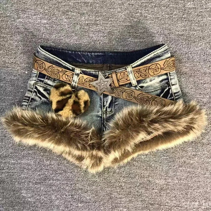 New American Y2k Retro Brown Hair Spliced shorts Trendy Old Hot Girl Low Waist Jeans Vintage Hip-hop Street Clothing Women SS69 39.69 YL-Five-pointed star / S