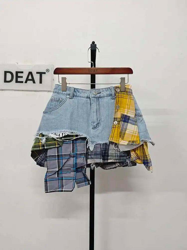 DEAT Women's Denim Skirt Colored Plaid Patchwork Irregular Deconstructed A-line High Waist Mini Skirt 2025 Summer New Fashion SS69