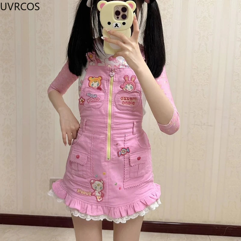 Sweet Lolita Style Strap Dress Women Cute Bunny Cartoon Embroidery Kawaii Party Mini Dress Female Korean Fashion Princess Dress SS69