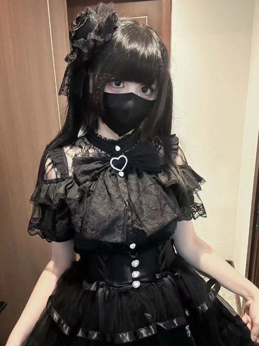 Kimutomo Lolita Style Shirts Women Bow Lace Patchwork Solid Japanese Style Y2k Sweet Blouse Spring Summer Fashion Tops Ladies SS69