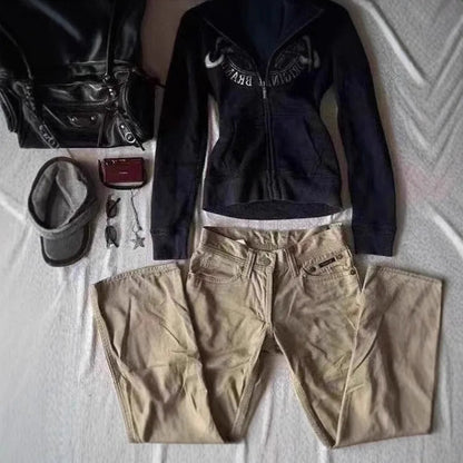 Retro Jacket Retro Design Black Hoodie Women's Casual Hoodie Women's Autumn Y2K Top New Garbage Rock Multifunctional Sweatshirt SS69