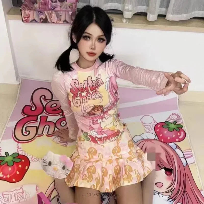 Subcultural Spicy Girl Clothes Cute Bottom Tee Shirt Y2k Harajuku Anime Slim Long Sleeve T-shirts Women Cartoon Pink Crop Tops SS69