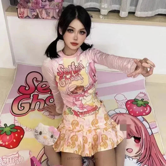 Subcultural Spicy Girl Clothes Cute Bottom Tee Shirt Y2k Harajuku Anime Slim Long Sleeve T-shirts Women Cartoon Pink Crop Tops SS69