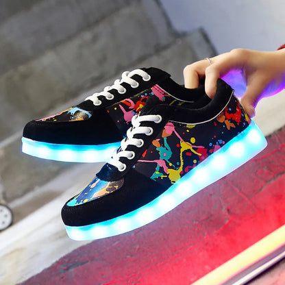Comemore 2022 Adult Unisex Womens Mens Kid Luminous Sneakers Glowing USB Charge Boys LED Colorful Light-up Shoes Girls Footwear SS69 33.69 graffiti / 44