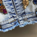Retro Diamonds Embedding Floral Embroidery Denim Coat Spring Flowers Sequins Appliques Slim Jeans Jacket Cowboy Cardigan Jaqueta SS69